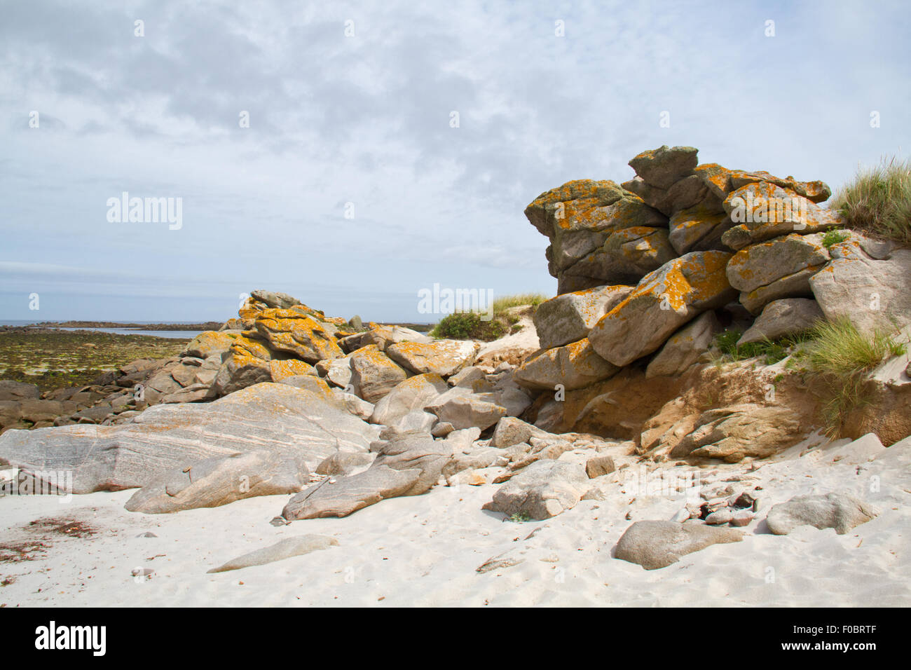 Eroded granite, a tor, also known as castle koppie or kopje, on the coast of Brittany, France Stock Photo