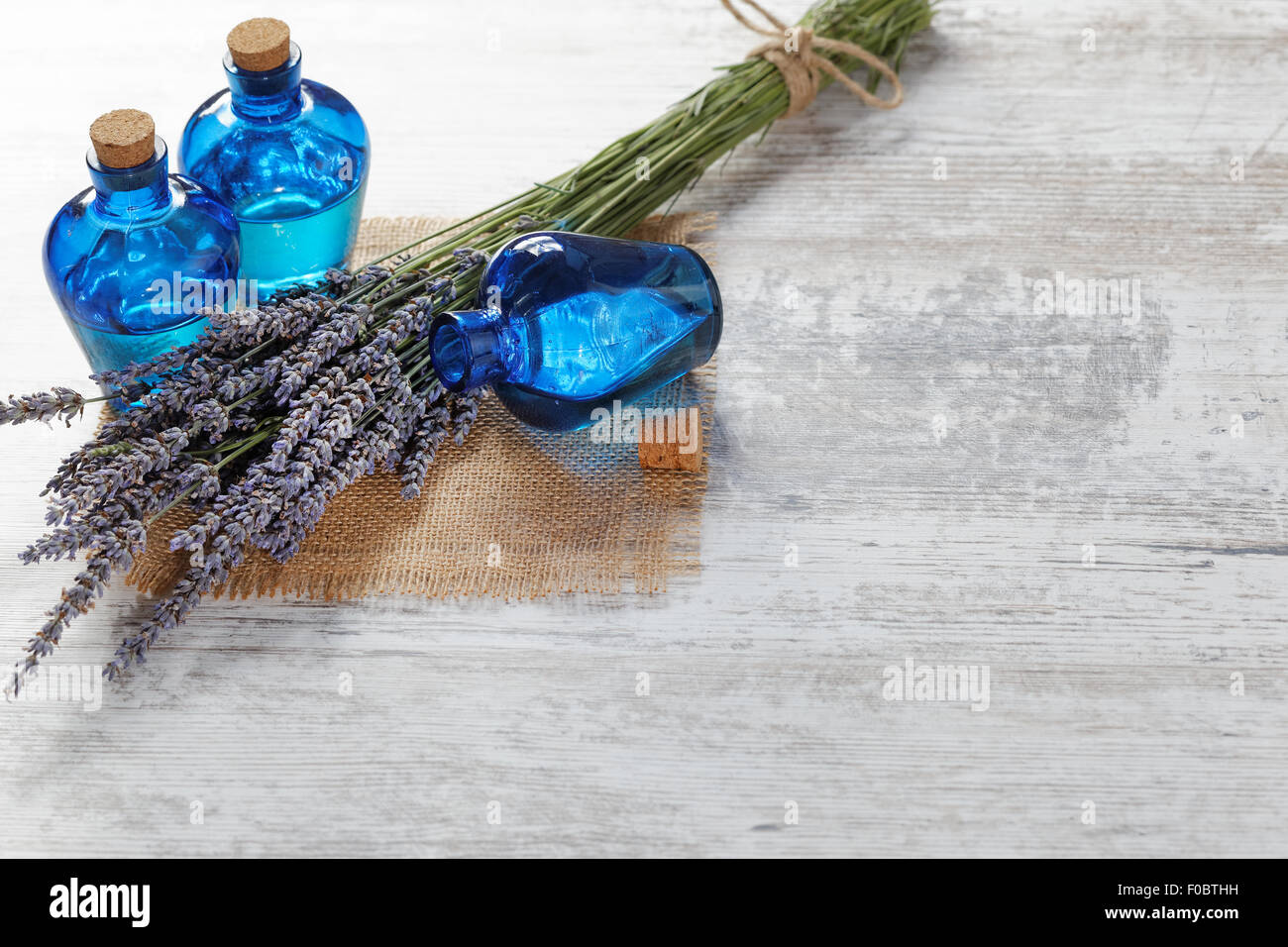 Lavender oil in a glass bottle on a background of fresh flowers. Stock Photo