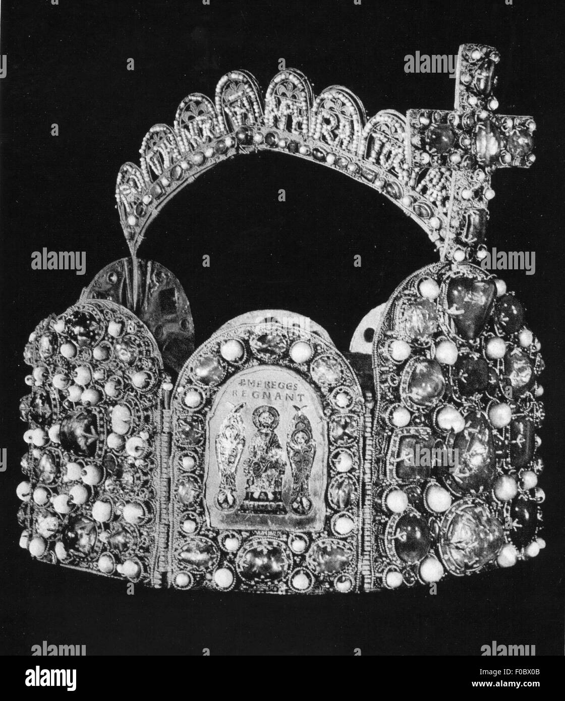 crowns / crown jewels,Holy Roman Empire,imperial crown of the kings and emperors,second half 10th century,chromolithograph,treasury,Hofburg Palace,Vienna,10th century,Middle Ages,medieval,mediaeval,Holy Roman Empire,Imperial Regalia,crown imperial,imperial crowns,hoop crown,gold,gemstone,gem,gems,gemstones,precious stone,precious stones,jewel,jewels,jewellery,jeweled,jeweling,enamel,cross,crosses,religion,religions,Christianity,Jesus Christ,reign,symbol,symbols,crown,crowns,king,kings,emperor,emperors,historic,histo,Additional-Rights-Clearences-Not Available Stock Photo