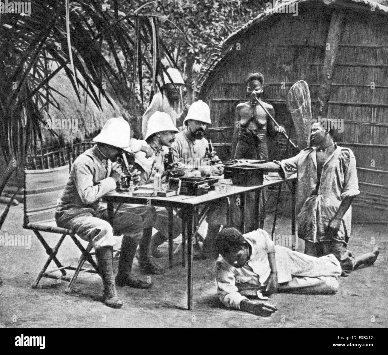 colonialism, Africa, white scientists doing microscopic analyses, early 20th century, 20th century, imperialism, colonial supremacy, colonial rule, colony, colonies, Africa, science, sciences, scientist, scientists, research, medicine, medicines, sitting, sit, table, tables, microscope, microscopes, sun helmet, pith helmet, sun helmets, pith helmets, native, natives, indigenous people, analysis, analyses, historic, historical, people, 1900s, 1910s, Additional-Rights-Clearences-Not Available Stock Photo