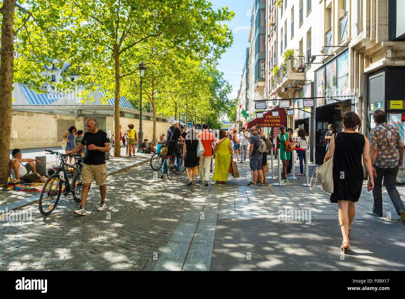 Paris, France, people Enjoying Summer day, CIty Life in the Les Halles District, Rue Rambuteau Stock Photo