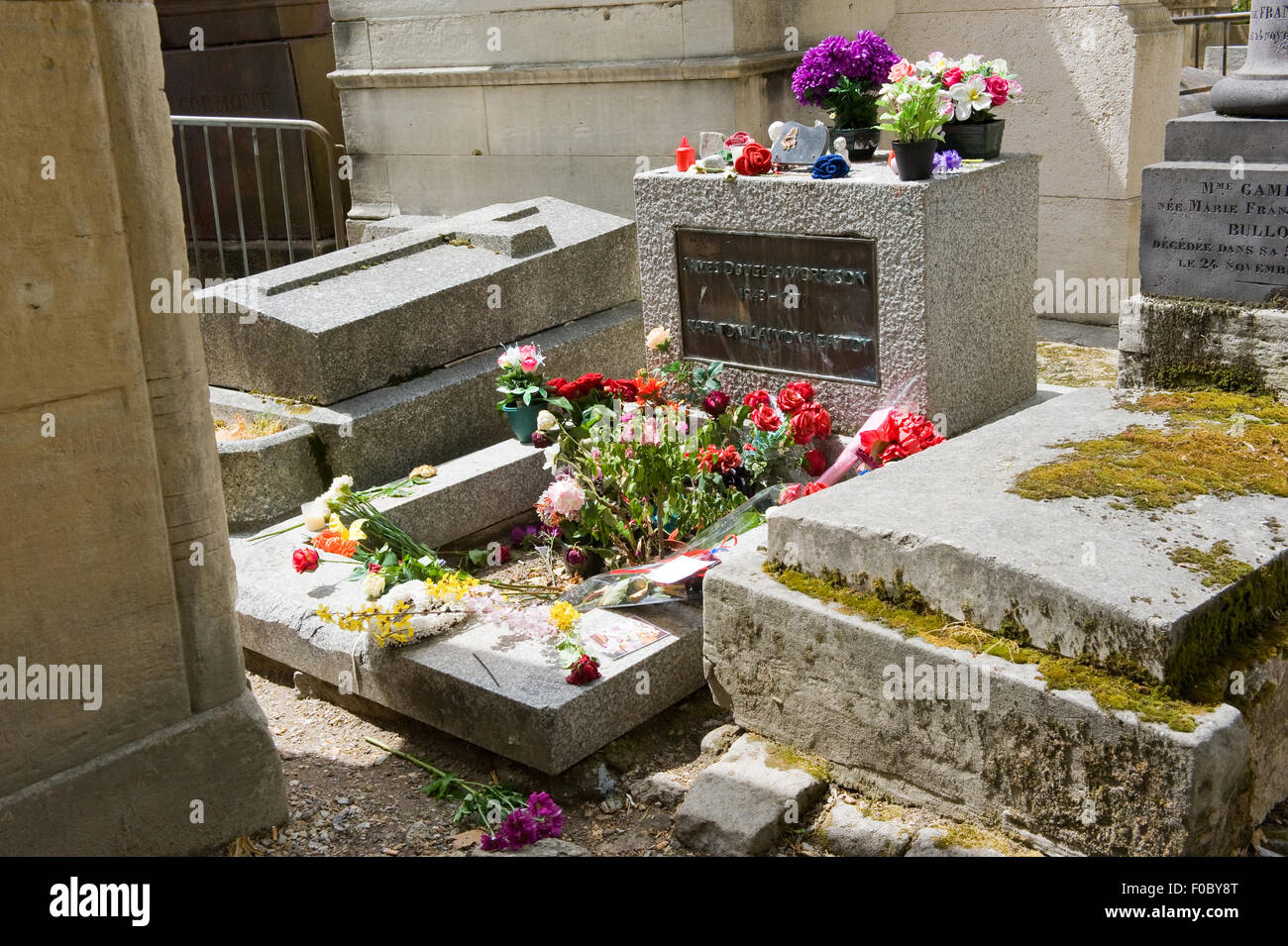 Grave of singer and rock star Jim Morrison on cemetery Pere Lachaise in Paris in France. It's one of the most visited cemetery's Stock Photo