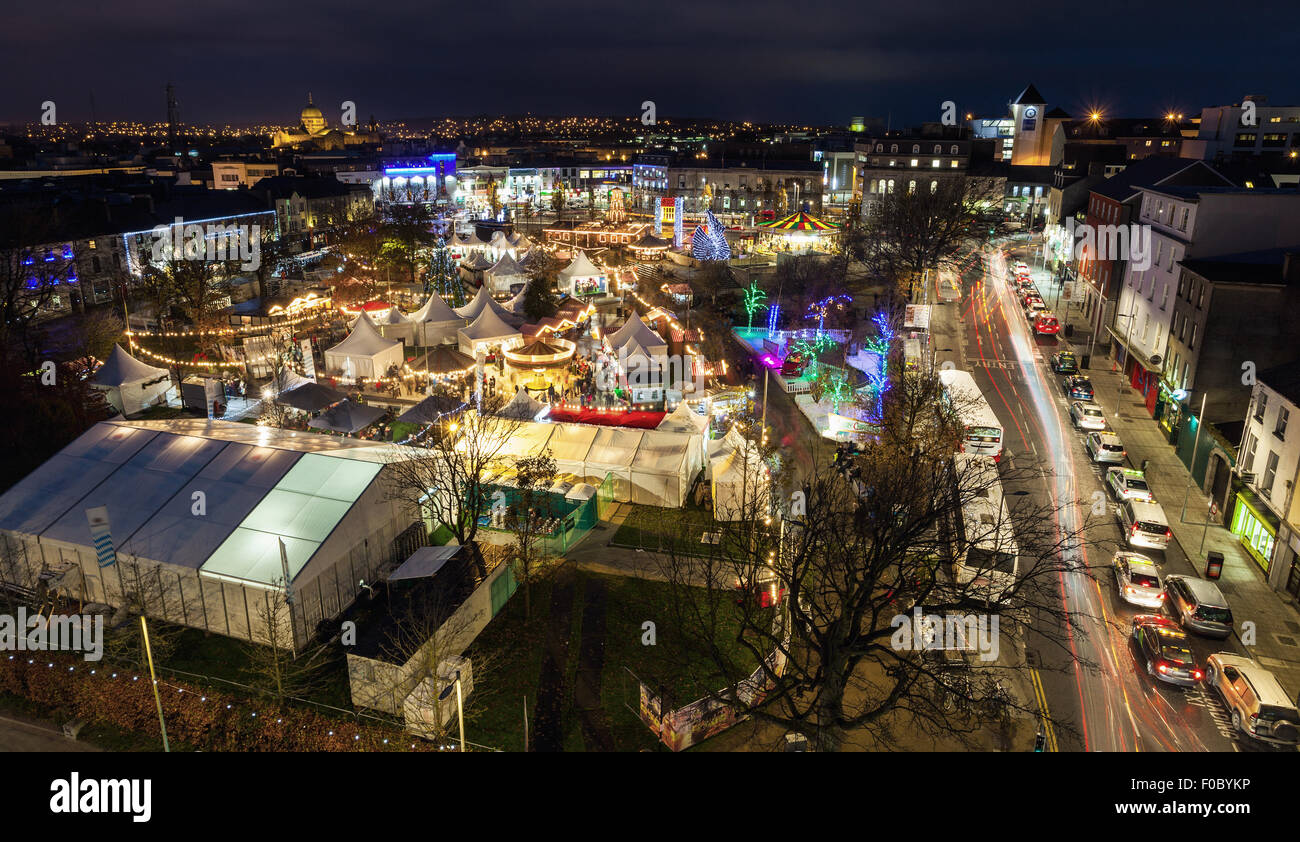 Christmas market in Galway at night, panoramic view from high point. Stock Photo