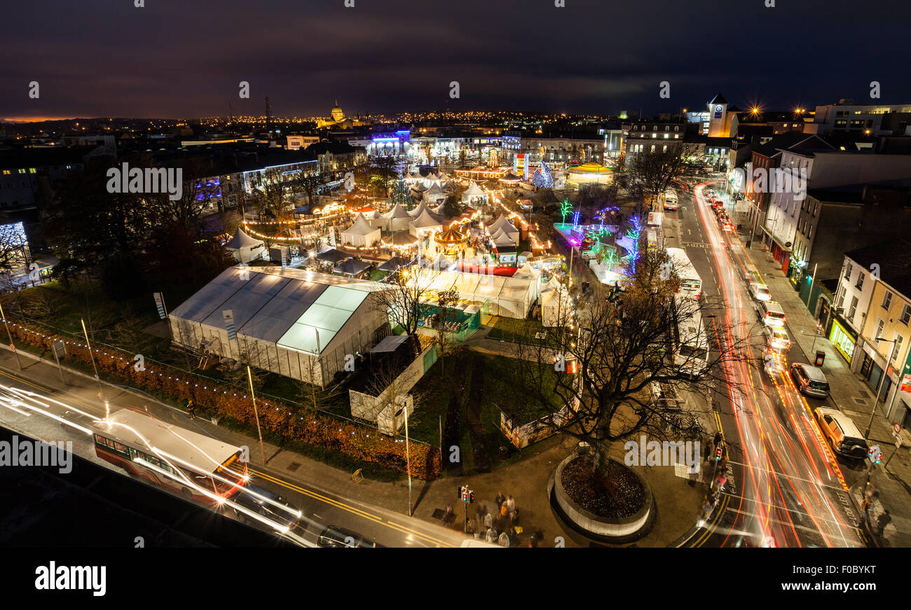 Christmas market in Galway at night, panoramic view from high point. Stock Photo