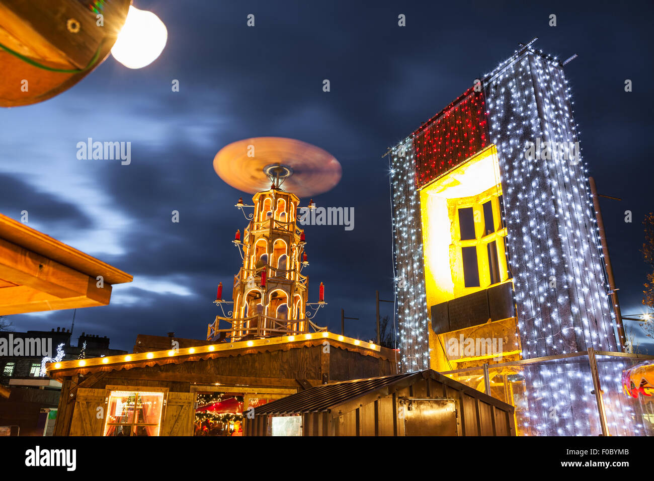Christmas market illuminated at night in Galway, Ireland. Detail Stock Photo