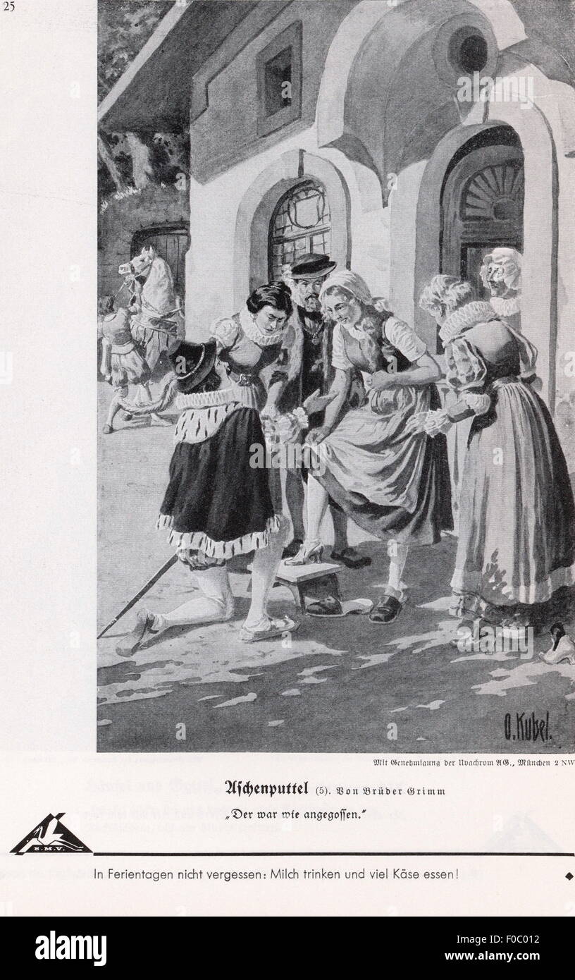 literature, fairy tales, brothers Grimm, 'Cinderella', Cinderella trying the shoe, illustration by Otto Kubel (1868 - 1951), from: 'Bilderatlas zu den bayerischen Lesebüchern' (Picture Atlas to the Bavarian Storybooks), 1st issue, fairy tales, editor: Bayerische Milchversorgung, Nuremberg, print: F.Bruckmann AG, Munich, late 1930s, Additional-Rights-Clearences-Not Available Stock Photo