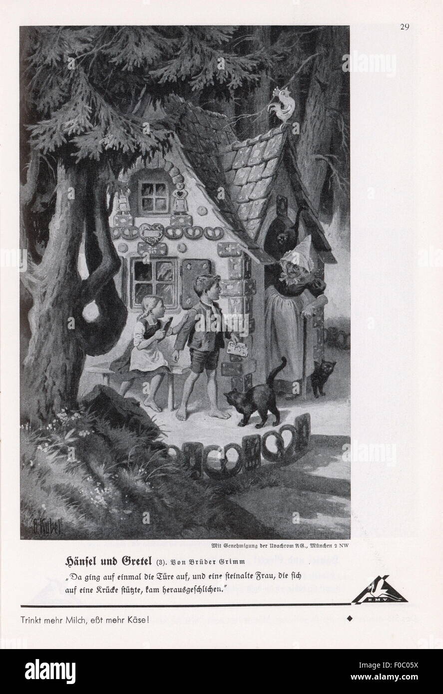 literature, fairy tales, brothers Grimm, 'Hansel and Gretel', Hansel and Gretel at the gingerbread house, illustration by Otto Kubel (1868 - 1951), from: 'Bilderatlas zu den bayerischen Lesebüchern' (Picture Atlas to the Bavarian Storybooks), 1st issue, fairy tales, editor: Bayerische Milchversorgung, Nuremberg, print: F.Bruckmann AG, Munich, late 1930s, Additional-Rights-Clearences-Not Available Stock Photo