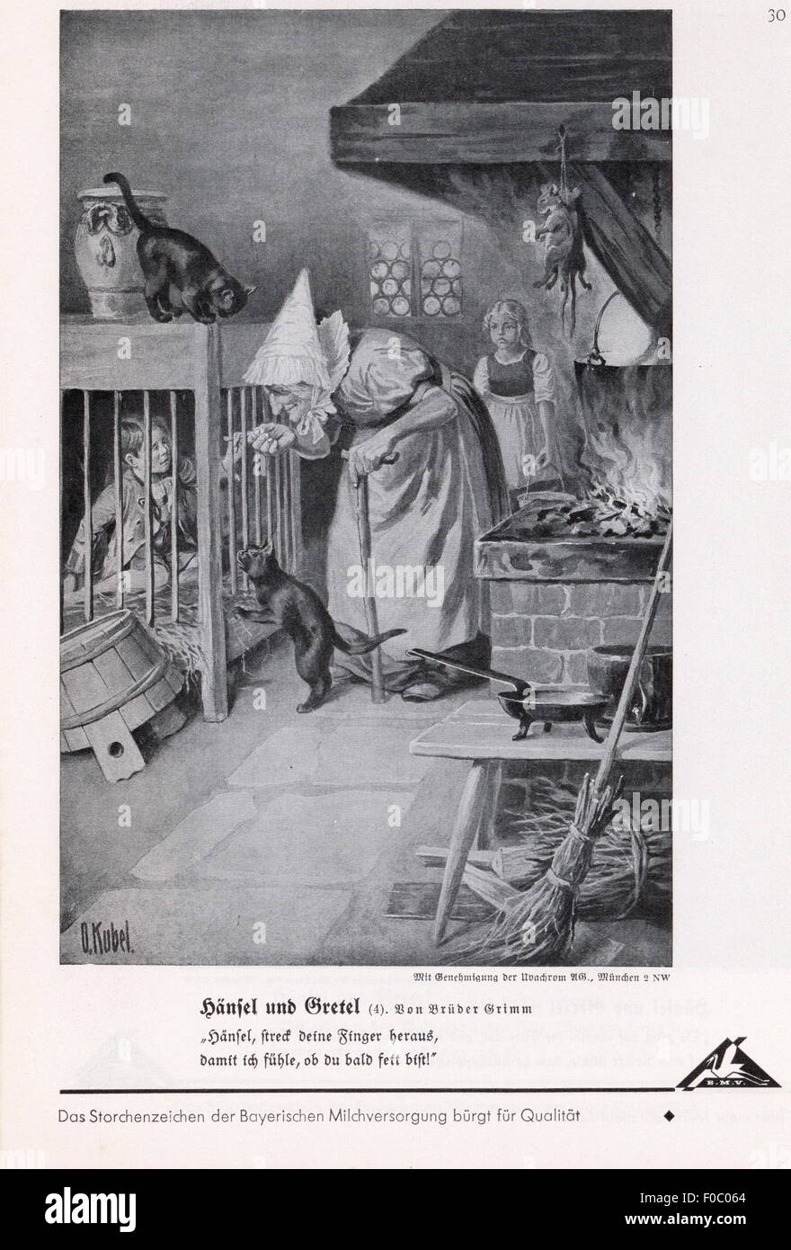 literature, fairy tales, brothers Grimm, 'Hansel and Gretel', witch trying to fatten Hansel, illustration by Otto Kubel (1868 - 1951), from: 'Bilderatlas zu den bayerischen Lesebüchern' (Picture Atlas to the Bavarian Storybooks), 1st issue, fairy tales, editor: Bayerische Milchversorgung, Nuremberg, print: F.Bruckmann AG, Munich, late 1930s, Additional-Rights-Clearences-Not Available Stock Photo