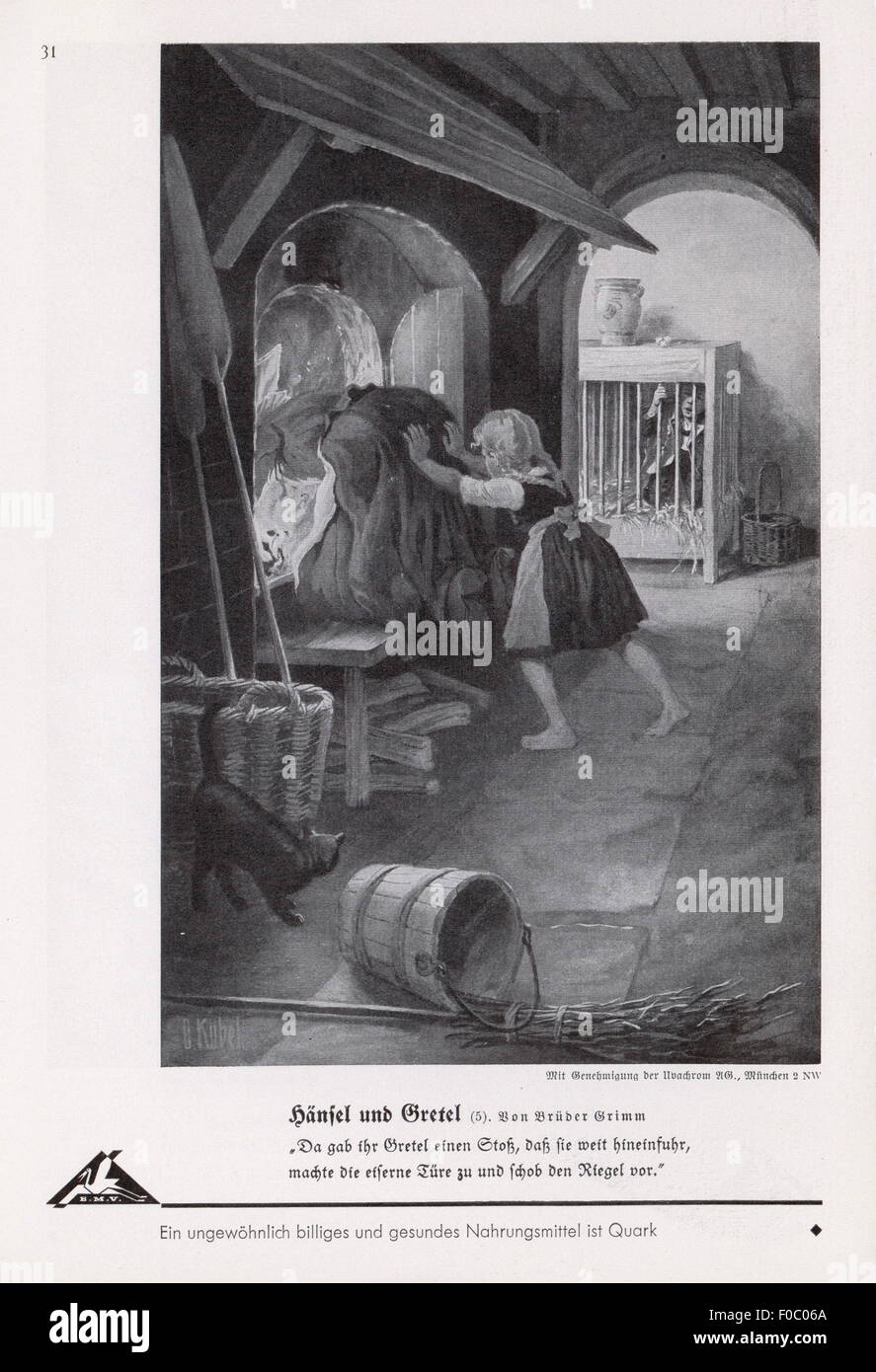 literature, fairy tales, brothers Grimm, 'Hansel and Gretel', Gretel pushing the witch into the oven, illustration by Otto Kubel (1868 - 1951), from: 'Bilderatlas zu den bayerischen Lesebüchern' (Picture Atlas to the Bavarian Storybooks), 1st issue, fairy tales, editor: Bayerische Milchversorgung, Nuremberg, print: F.Bruckmann AG, Munich, late 1930s, Additional-Rights-Clearences-Not Available Stock Photo
