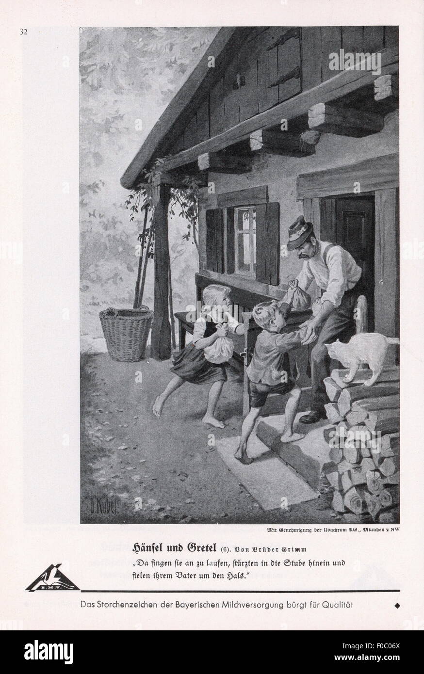 literature, fairy tales, brothers Grimm, 'Hansel and Gretel', Hansel and Gretel coming home, illustration by Otto Kubel (1868 - 1951), from: 'Bilderatlas zu den bayerischen Lesebüchern' (Picture Atlas to the Bavarian Storybooks), 1st issue, fairy tales, editor: Bayerische Milchversorgung, Nuremberg, print: F.Bruckmann AG, Munich, late 1930s, Additional-Rights-Clearences-Not Available Stock Photo