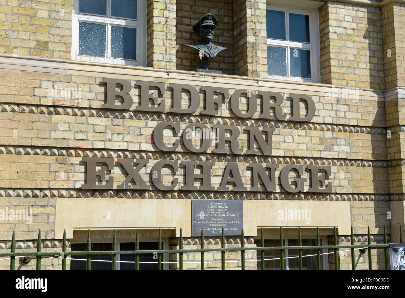 Bedford Corn Exchange with Glenn Miller bust and plaque in Bedford, Bedfordshire, England Stock Photo