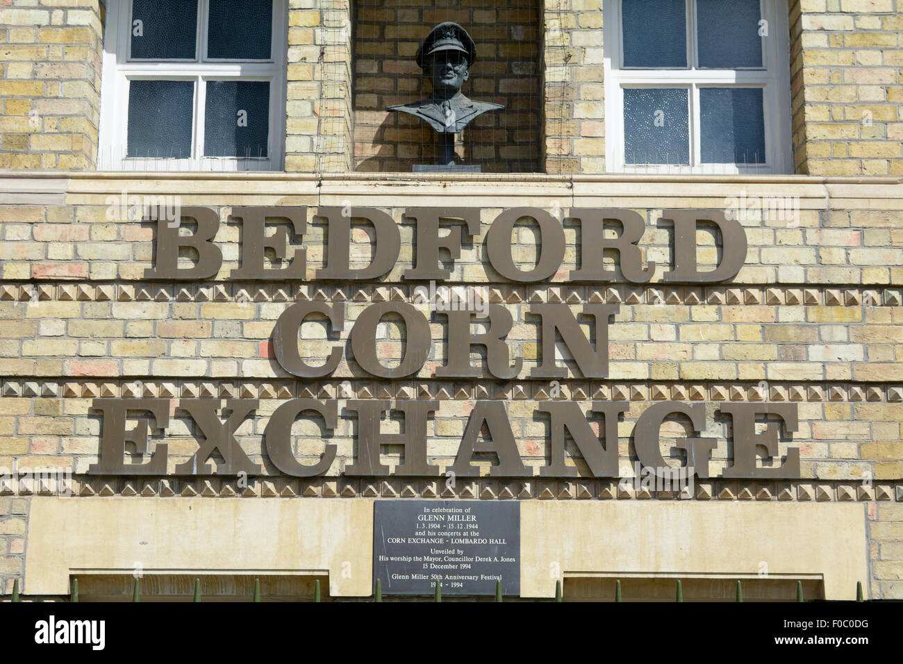 Bedford Corn Exchange with Glenn Miller bust and plaque in Bedford, Bedfordshire, England Stock Photo