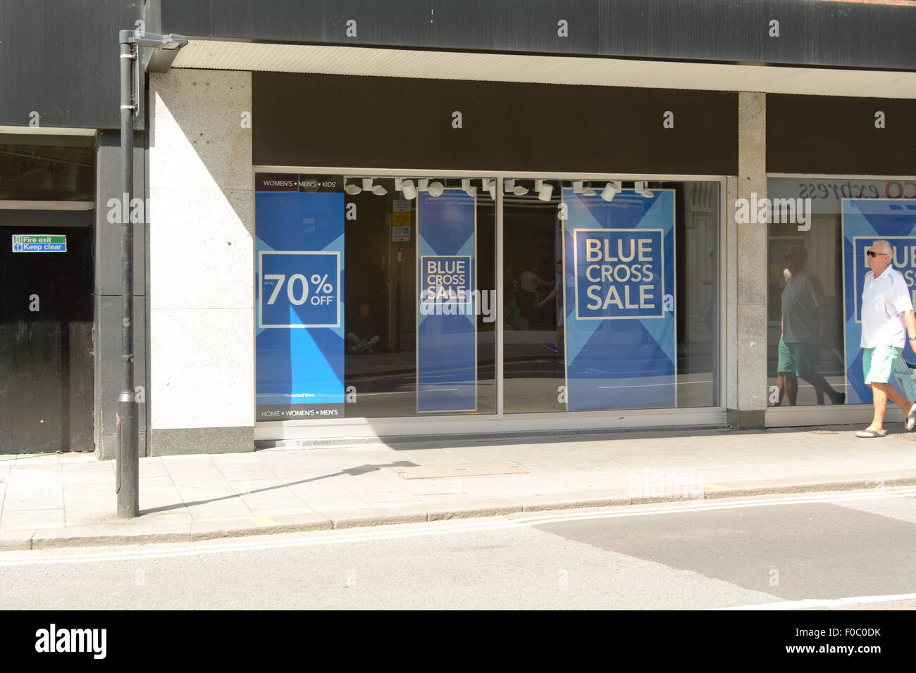 Debenhams Blue Cross 70% off sale window display in Bedford, Bedfordshire, England Stock Photo