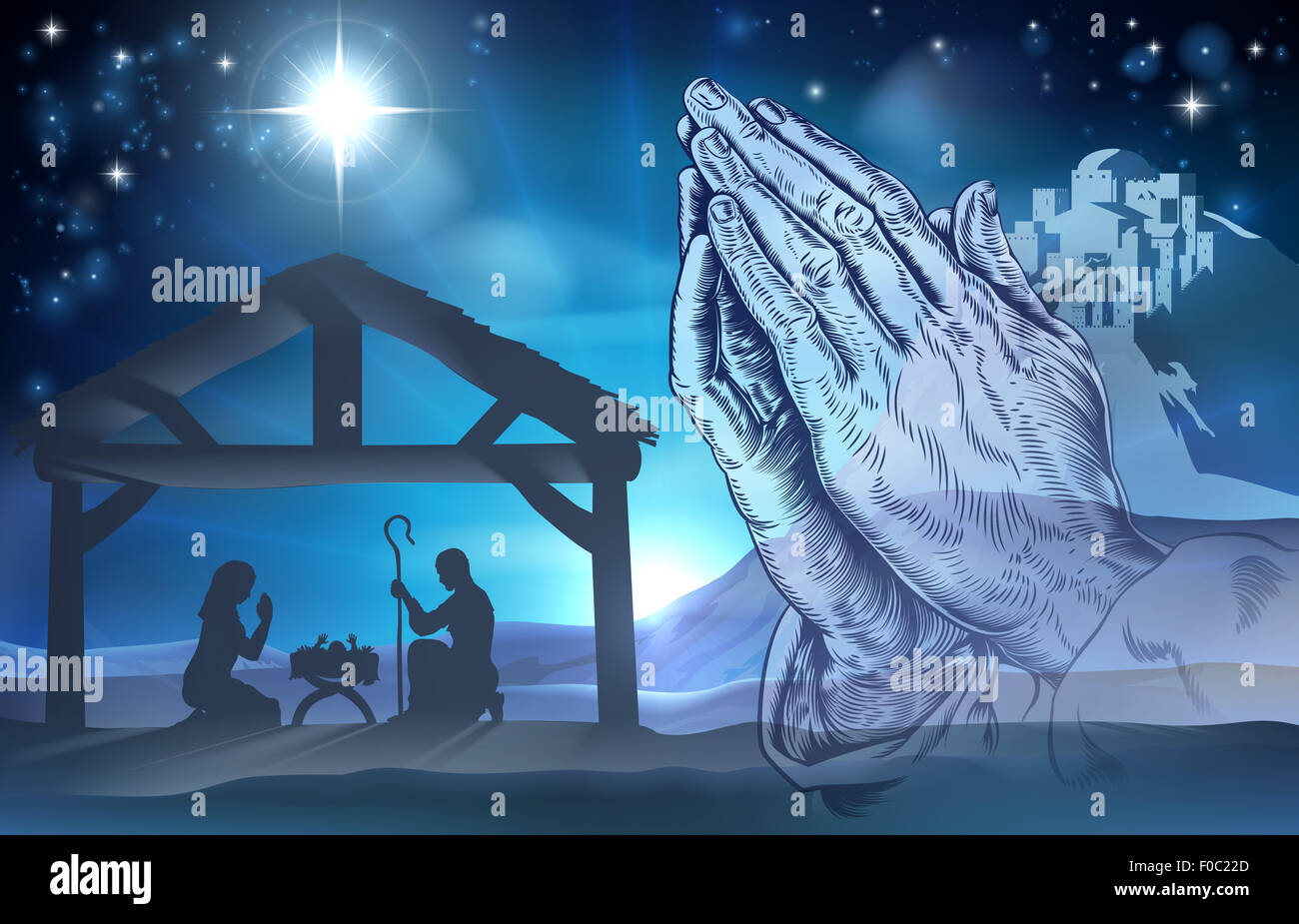 Nativity Christian Christmas scene of baby Jesus in the manger with ...