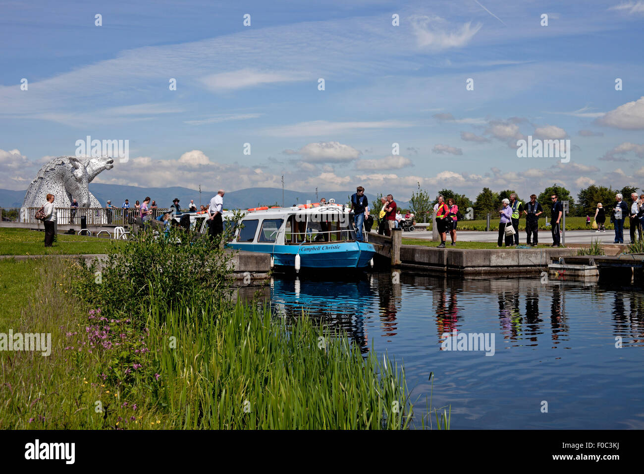 Helix Park Kelpies and barge on canal Falkirk UK Stock Photo
