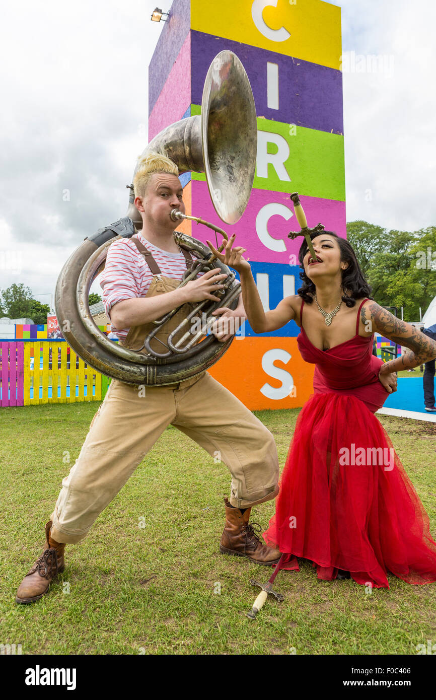 Edinburgh, UK. 12th Aug, 2015. Underbelly Directors Ed Bartlam and Charlie Wood launch the Circus Hub at the Edinburgh Fringe Festival with performers from the venue  Pictured performers from Limbo Credit:  Richard Dyson/Alamy Live News Stock Photo