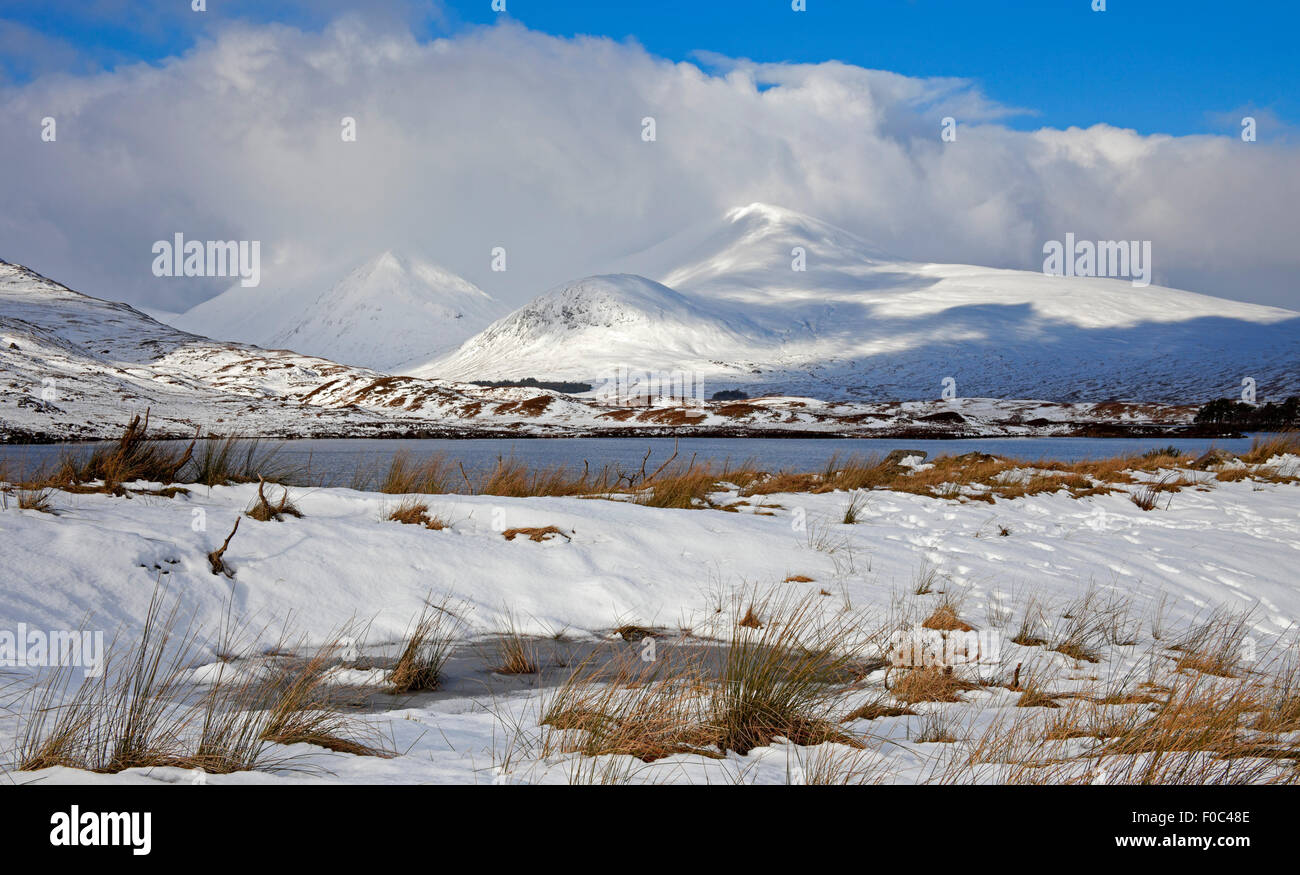 Rannoch Moor with Black Mount in snow covered mountains in background, Lochaber , Scotland UK Stock Photo