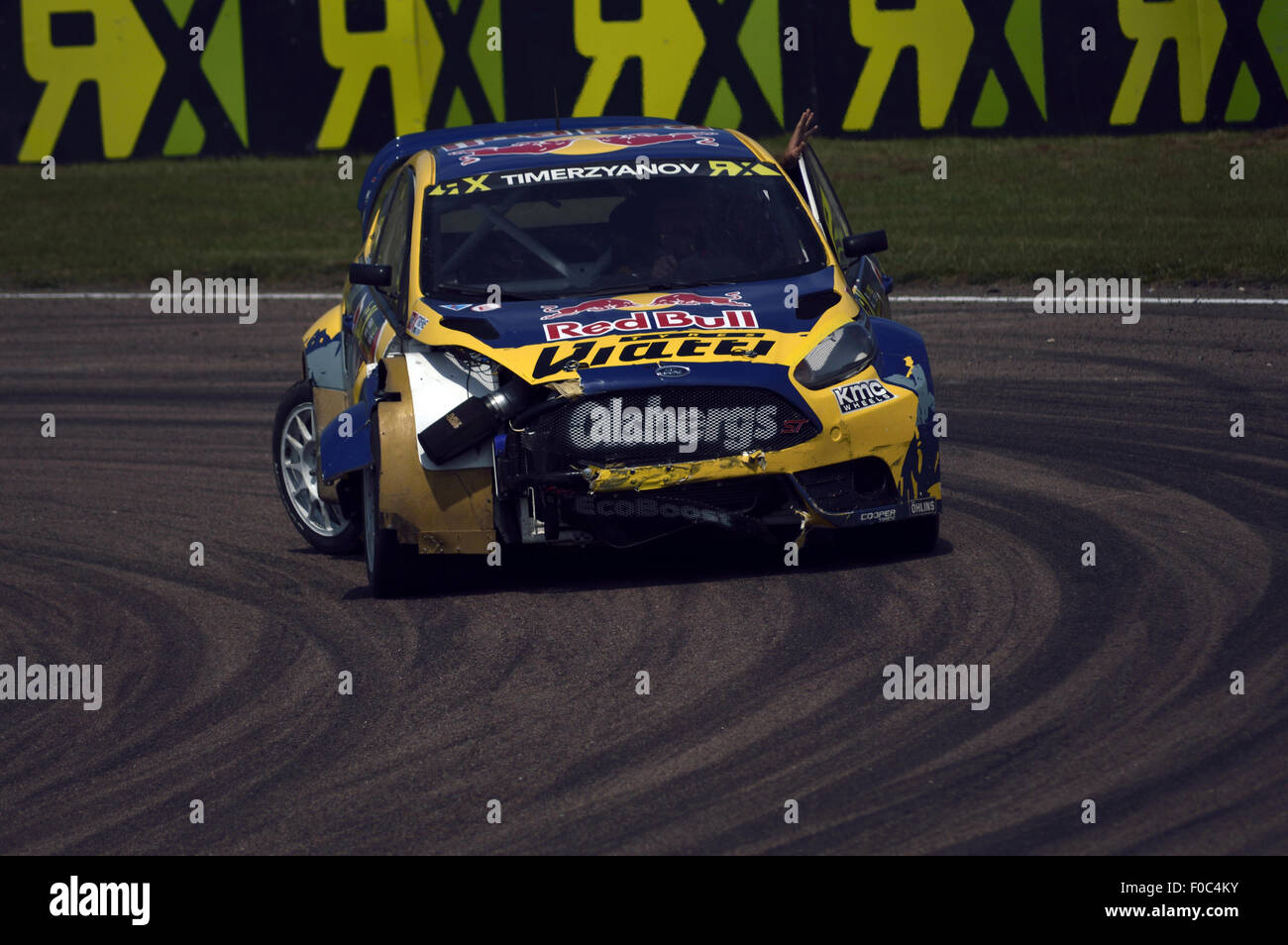 World rallycross championship 2015, at Lydden Hill racetrack in the United Kingdom, Redbull racing Ford Fiesta ST with damaged r Stock Photo