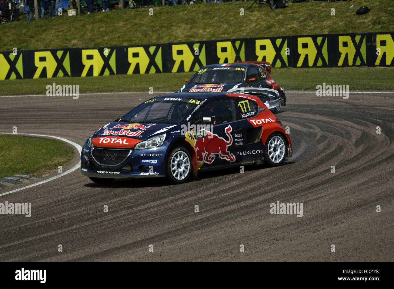 Redbull racing team in the world rallycross championship 2015, at Lydden Hill racetrack in the United Kingdom, in there Peugeot Stock Photo