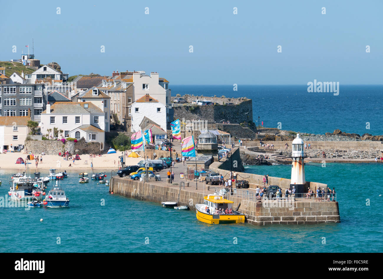 St. Ives Cornish seaside town, Smeatons Pier and harbour beach, Cornwall England. Stock Photo
