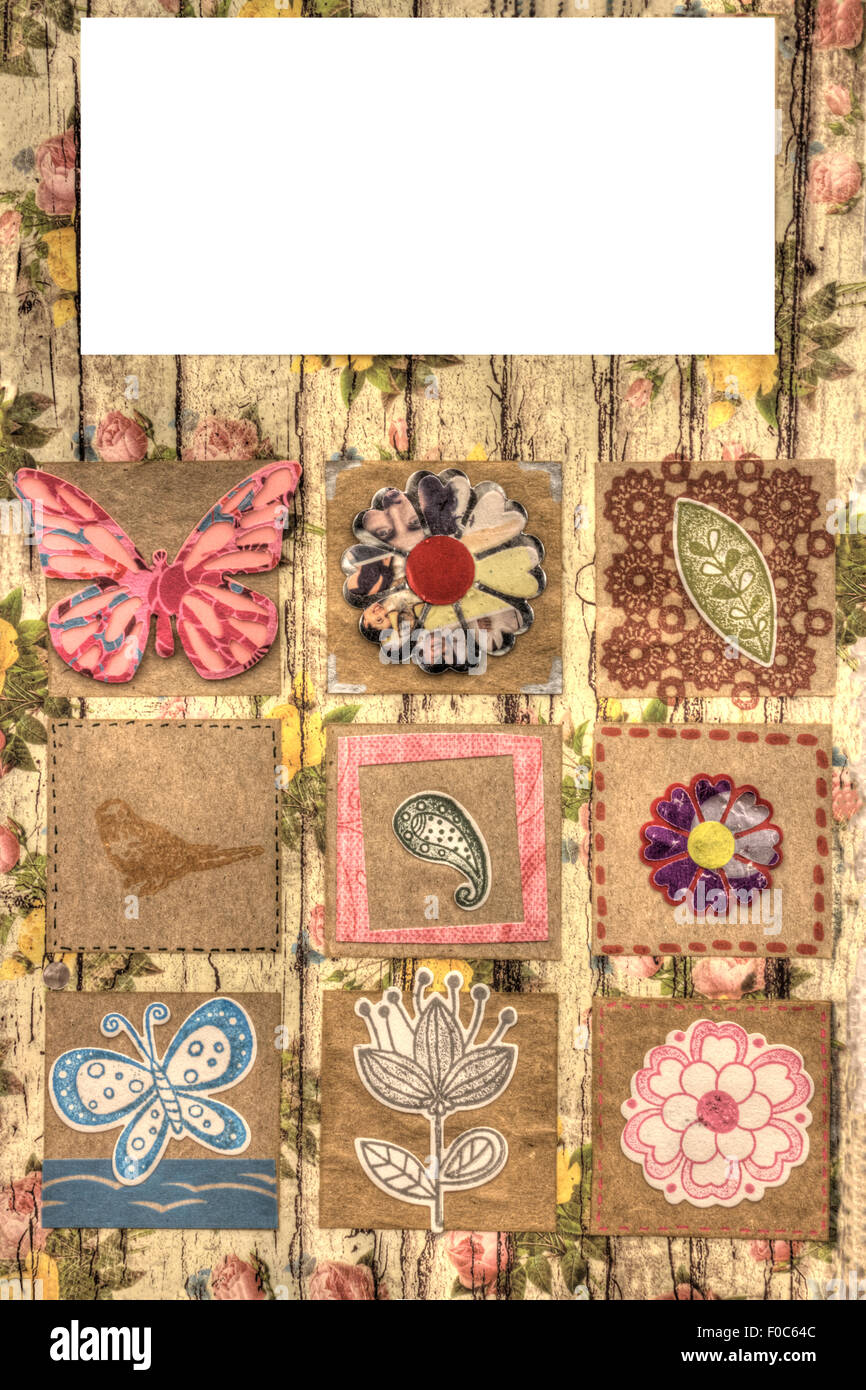 a vertical view of a colorful decorated scrapbook page, template Stock Photo