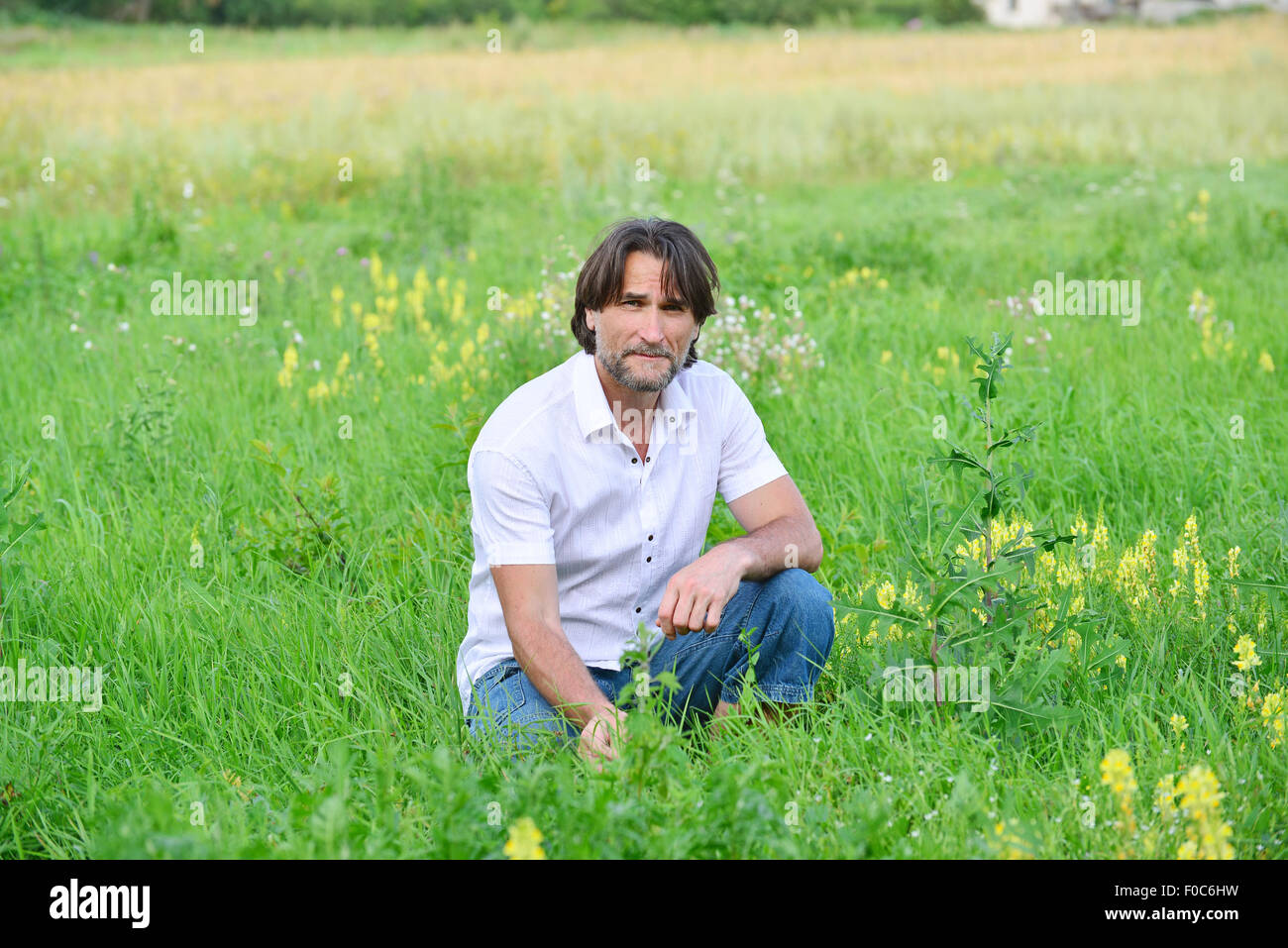 A man sits in the  grass in the summer Stock Photo