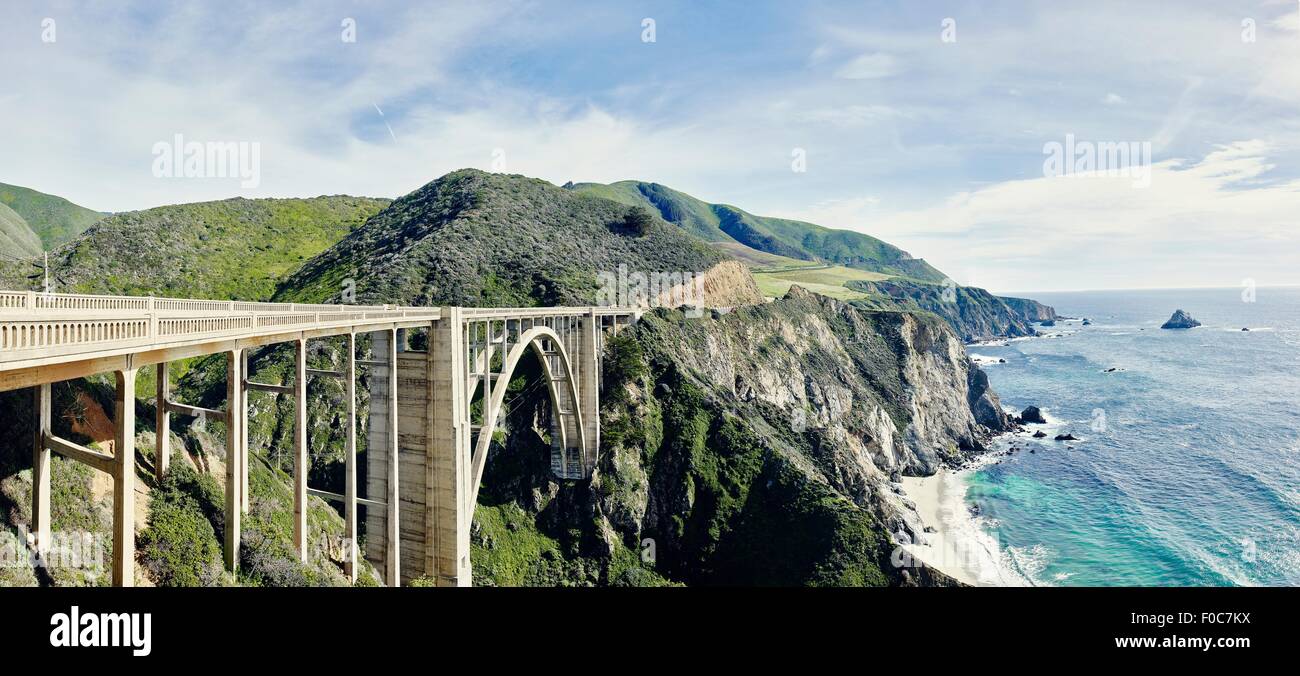 View of coast and Bexby bridge on highway 1, Big Sur, California, USA Stock Photo