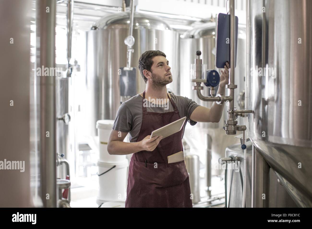 Brewers in brewery standing next to stainless steel tanks Stock Photo