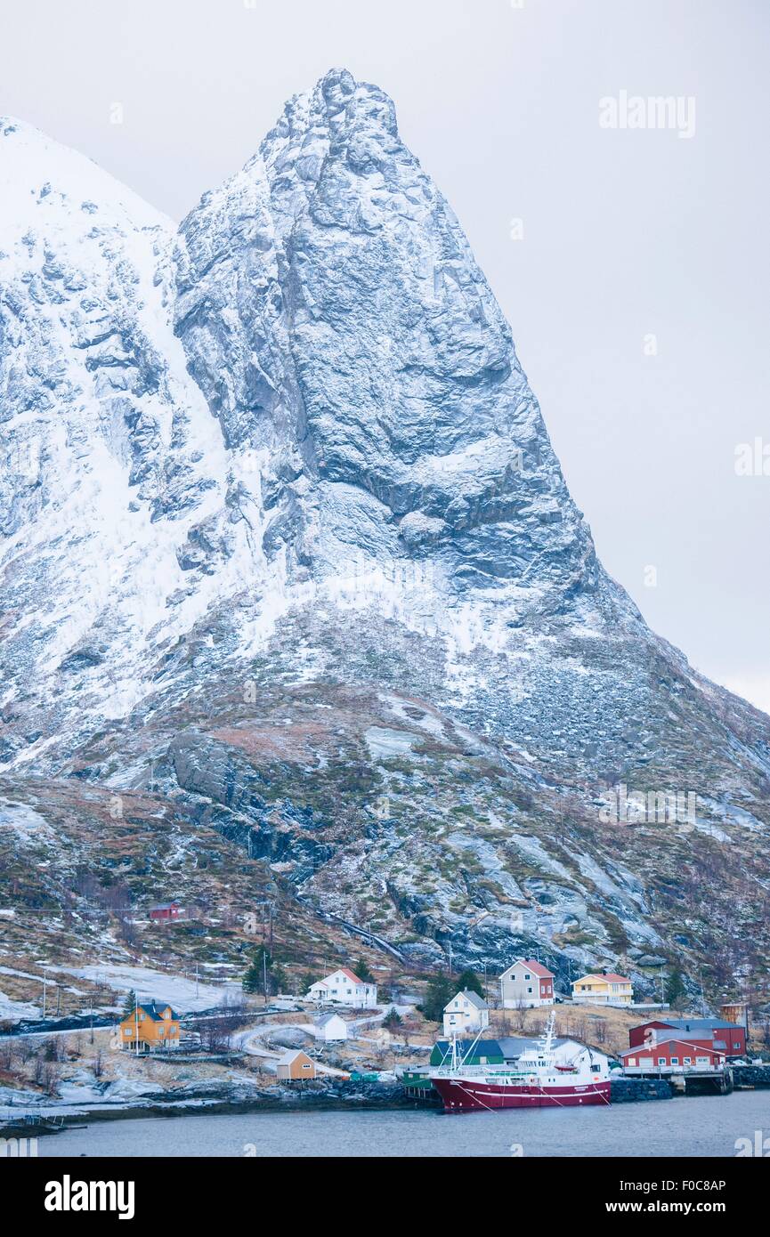 Snowcapped mountain peak, Reine, Lofoten, Norway Stock Photo