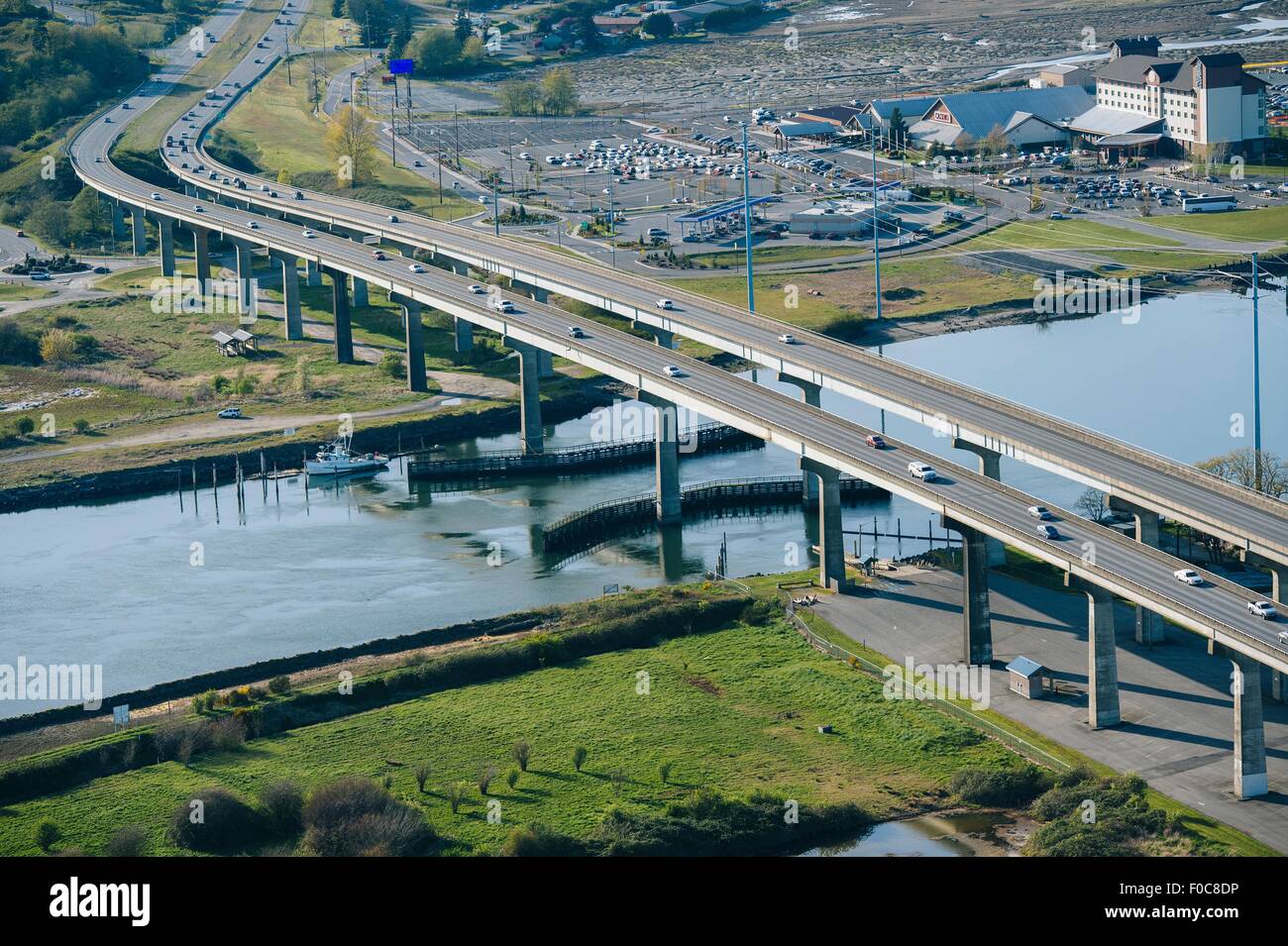 Aerial view of traffic on river highway flyover Stock Photo