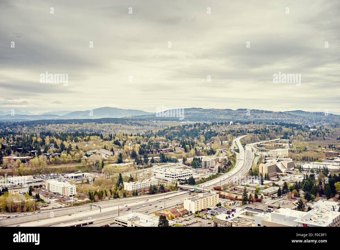 Distant view of Tiger mountain from Lincoln Square, Seattle, Washington State, USA Stock Photo