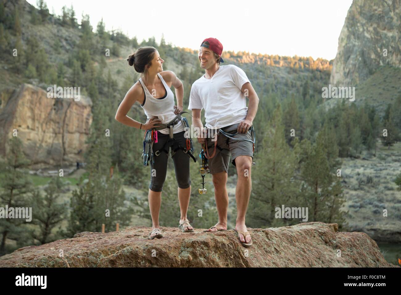 Happy rock climbers posing, Smith Rock State Park, Oregon Stock Photo