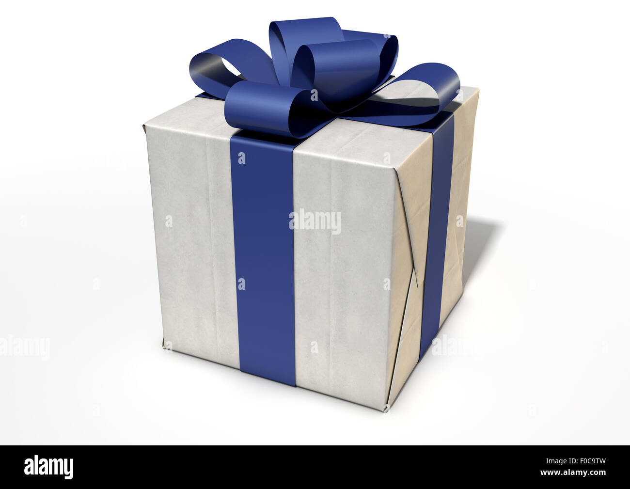 A cube shaped parcel box wrapped in brown paper and a bue ribbon and ...