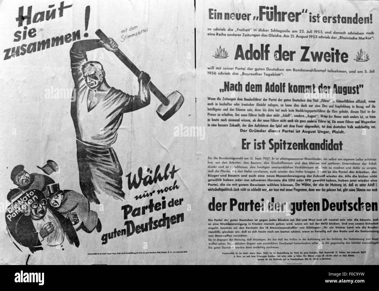 politics, elections, Election to the Federal Diet 1957, election poster of the Party of the Good Germans, 1.8.1957, Additional-Rights-Clearences-Not Available Stock Photo