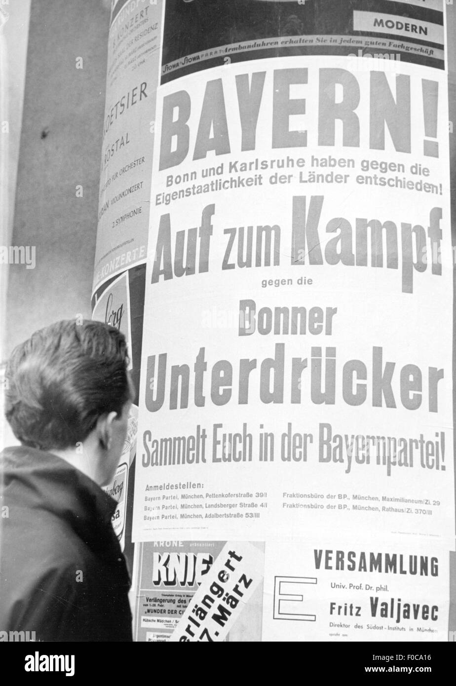 politics, elections, Election to the Federal Diet 1957, election campaign, poster of the Bavaria Party (Bayernpartei), 'On to the fight against the oppressors in Bonn', 9.3.1957, Additional-Rights-Clearences-Not Available Stock Photo