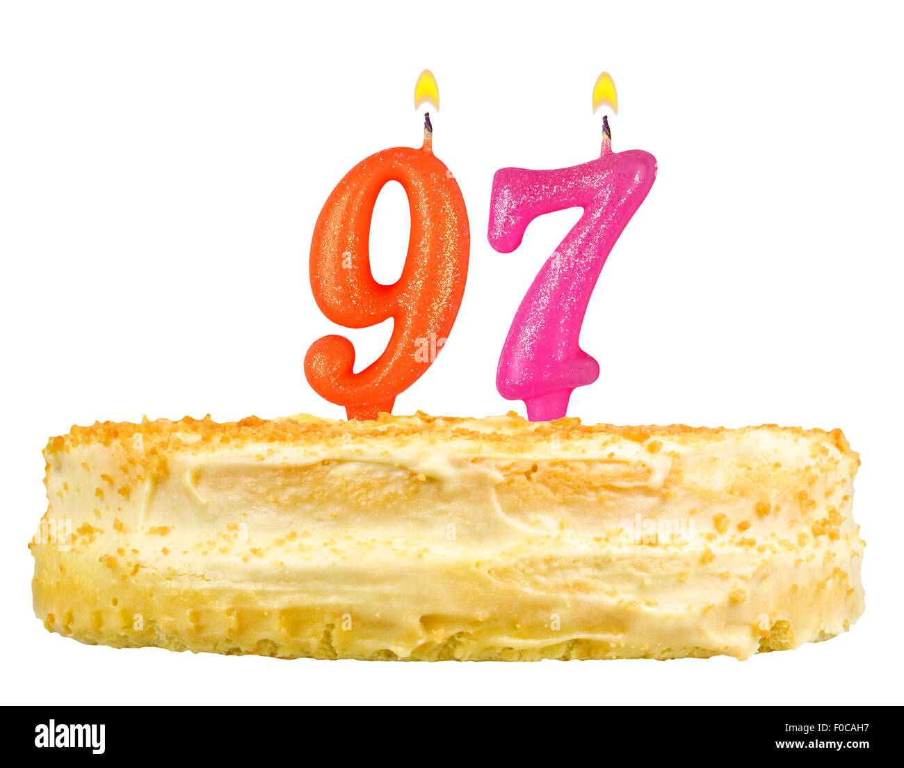 Birthday Cake With Candles Number Ninety Seven Isolated On White Background Stock Photo Alamy
