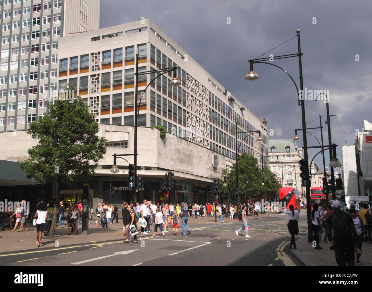 Oxford Street London College of Fashion on left August 2015 Stock Photo