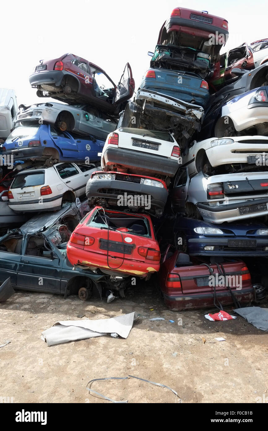 Cars stacked in scrap yard Stock Photo Alamy