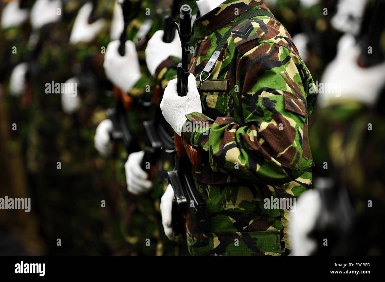 Hand on a rifle detail shot in a group of unrecognizable soldiers in camouflage uniform Stock Photo