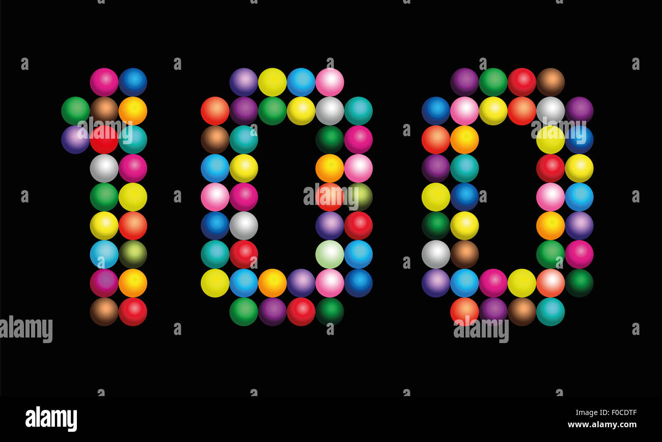 Number 10 consisting of exactly ten colorful items such as marbles, beads or balls - illustration on black background. Stock Photo