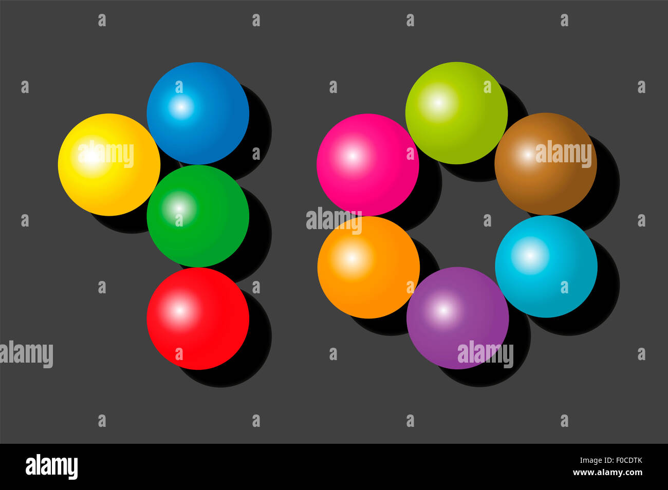 Number 10 consisting of exactly ten colorful items such as marbles, beads or balls - illustration on gray background. Stock Photo