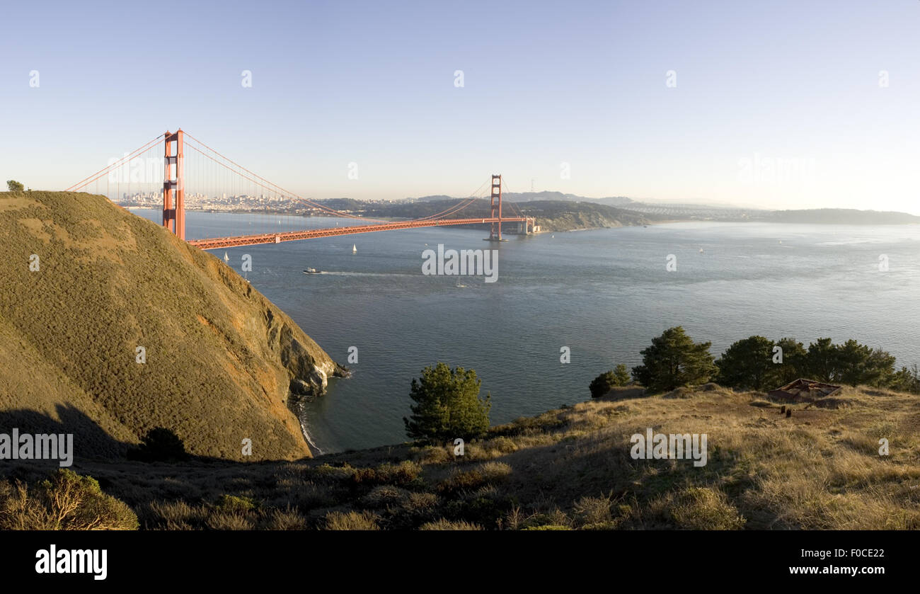 Sunset on Marin Headlands, looking towards Golden Gate Bridge and San Francisco Stock Photo