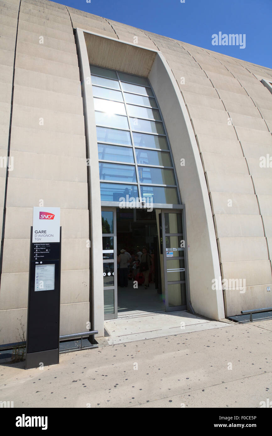 Entrance to the modern architectural Avignon TGV railway station Stock Photo