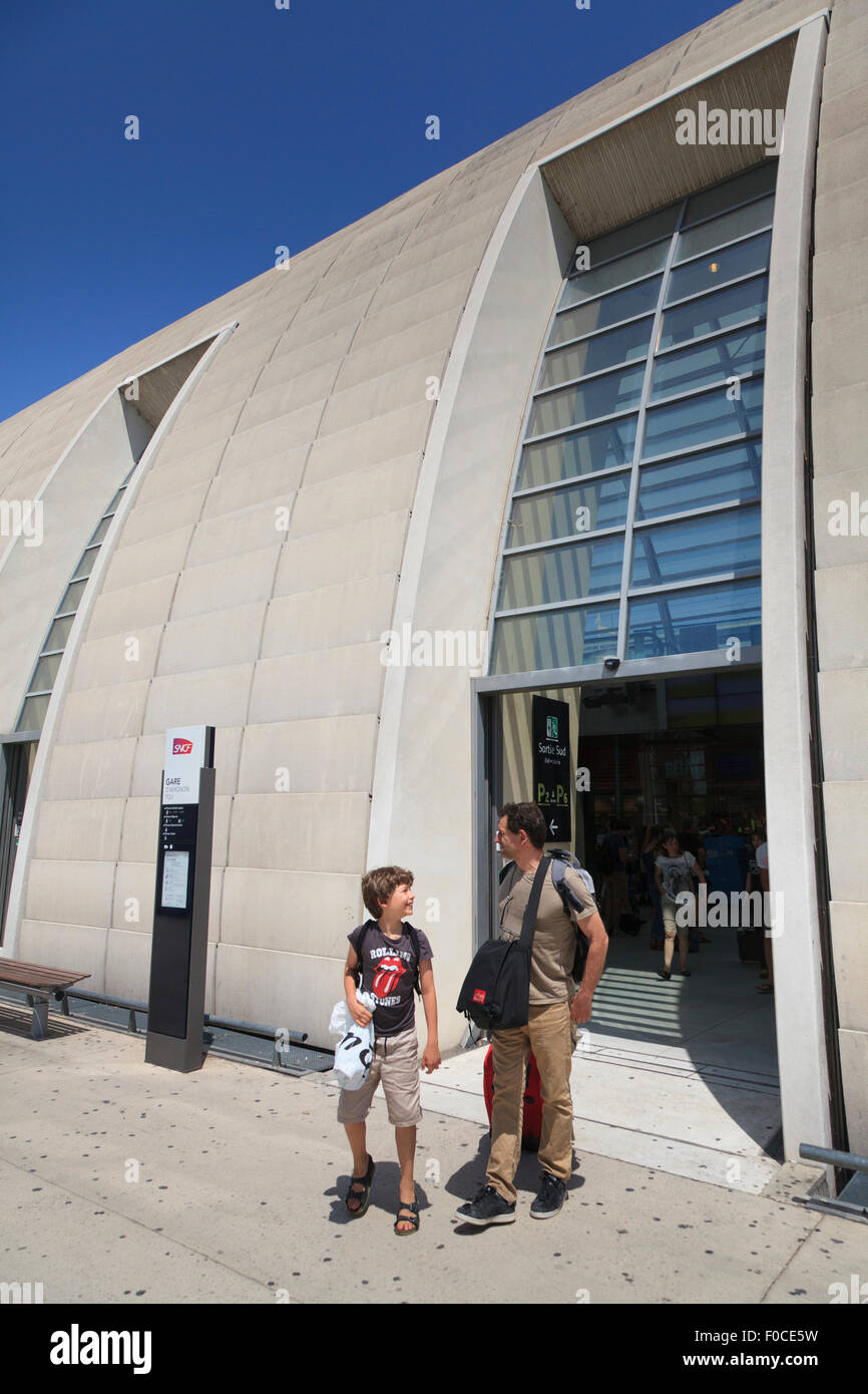 Passengers leaving the modern architectural Avignon TGV railway station Stock Photo