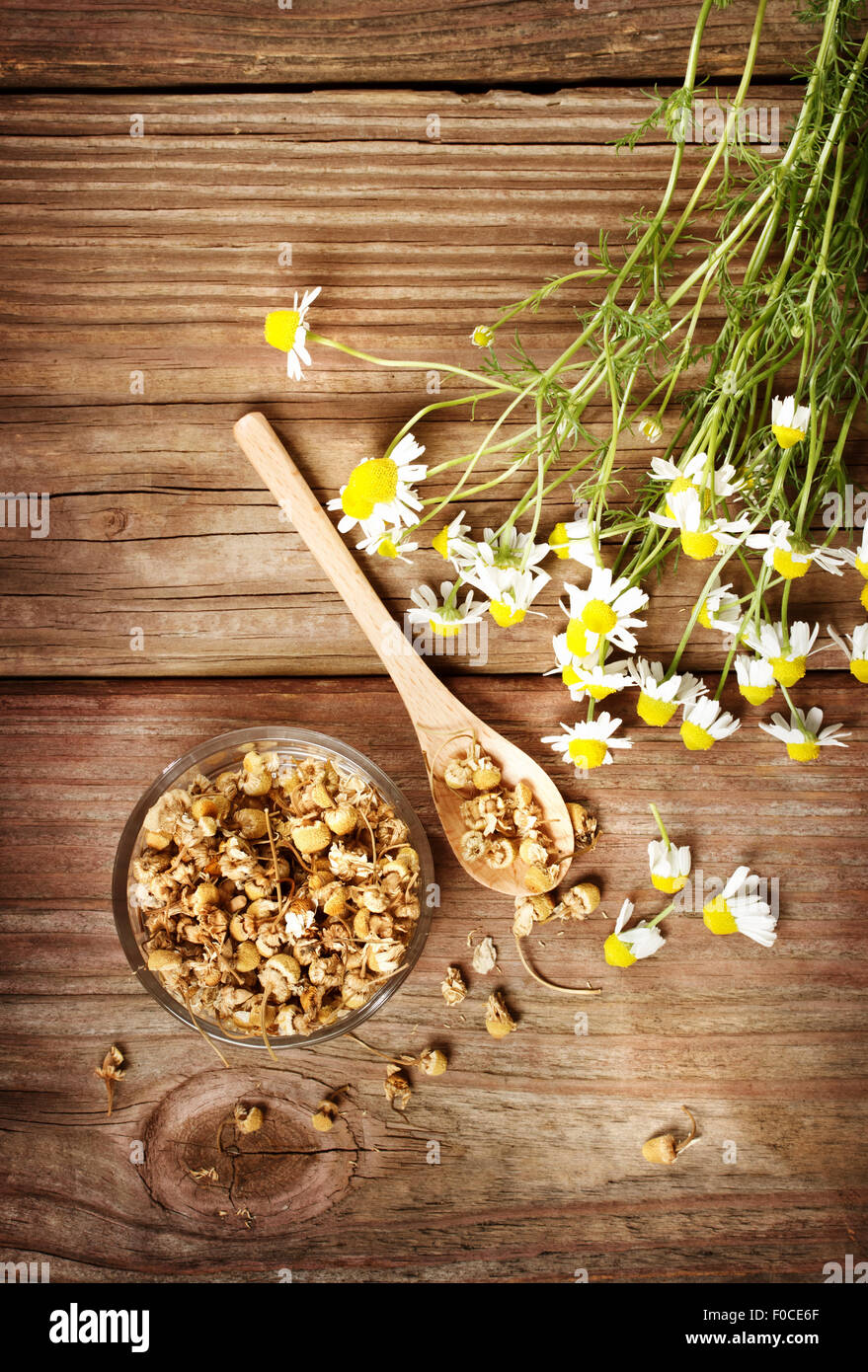 Dried chamomile tea with fresh chamomile flowers on rustic wooden table