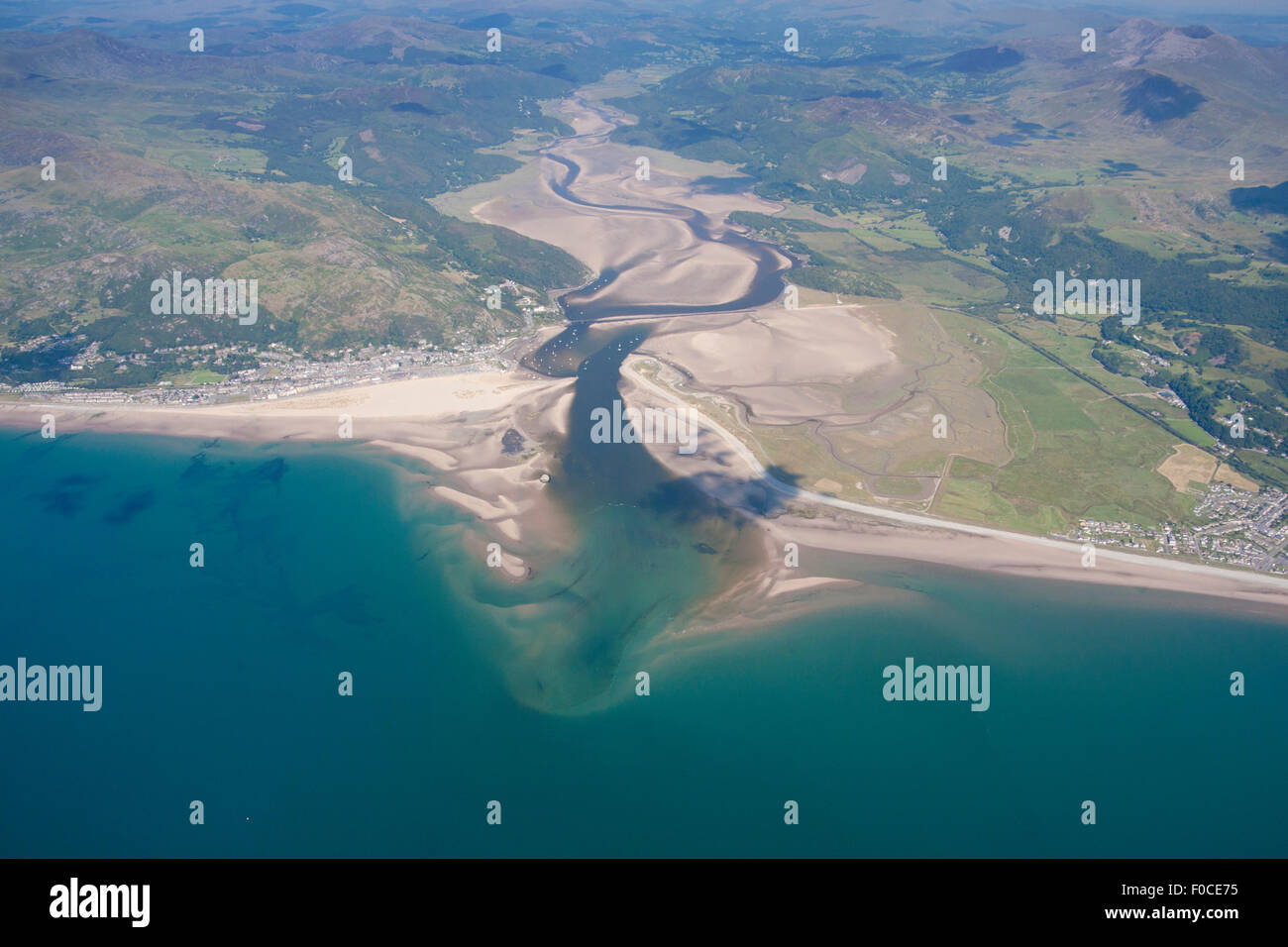 Aerial view from 4,000 feet of Mawddach estuary, Barmouth / Abermaw to left of frame and Fairbourne Gwynedd Mid Wales UK Stock Photo