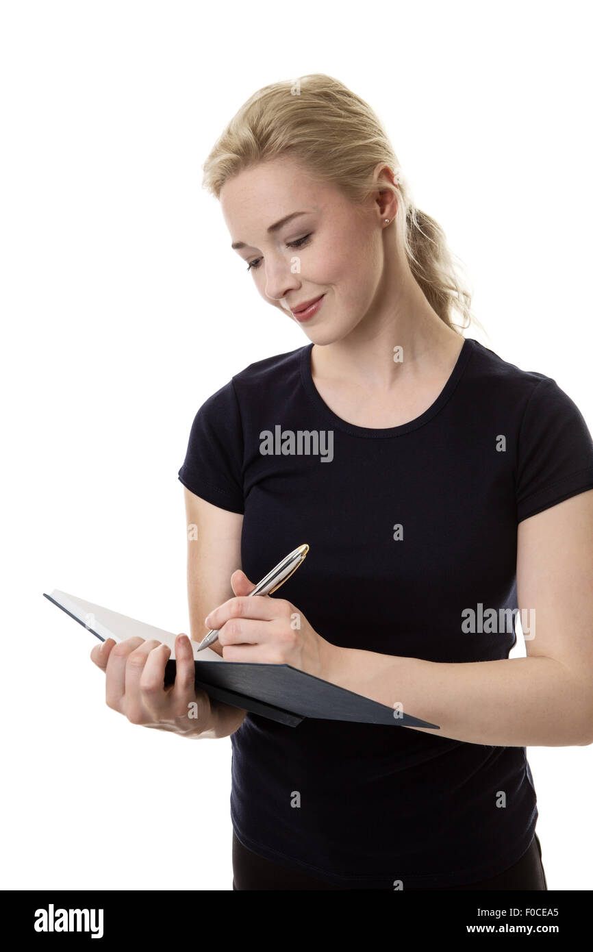 happy standing businesswoman taking notes Stock Photo - Alamy