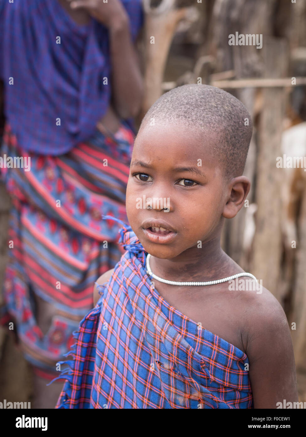 Maasai child next to a goat croft in Maasai boma (village) in Tanzania, Africa. Stock Photo