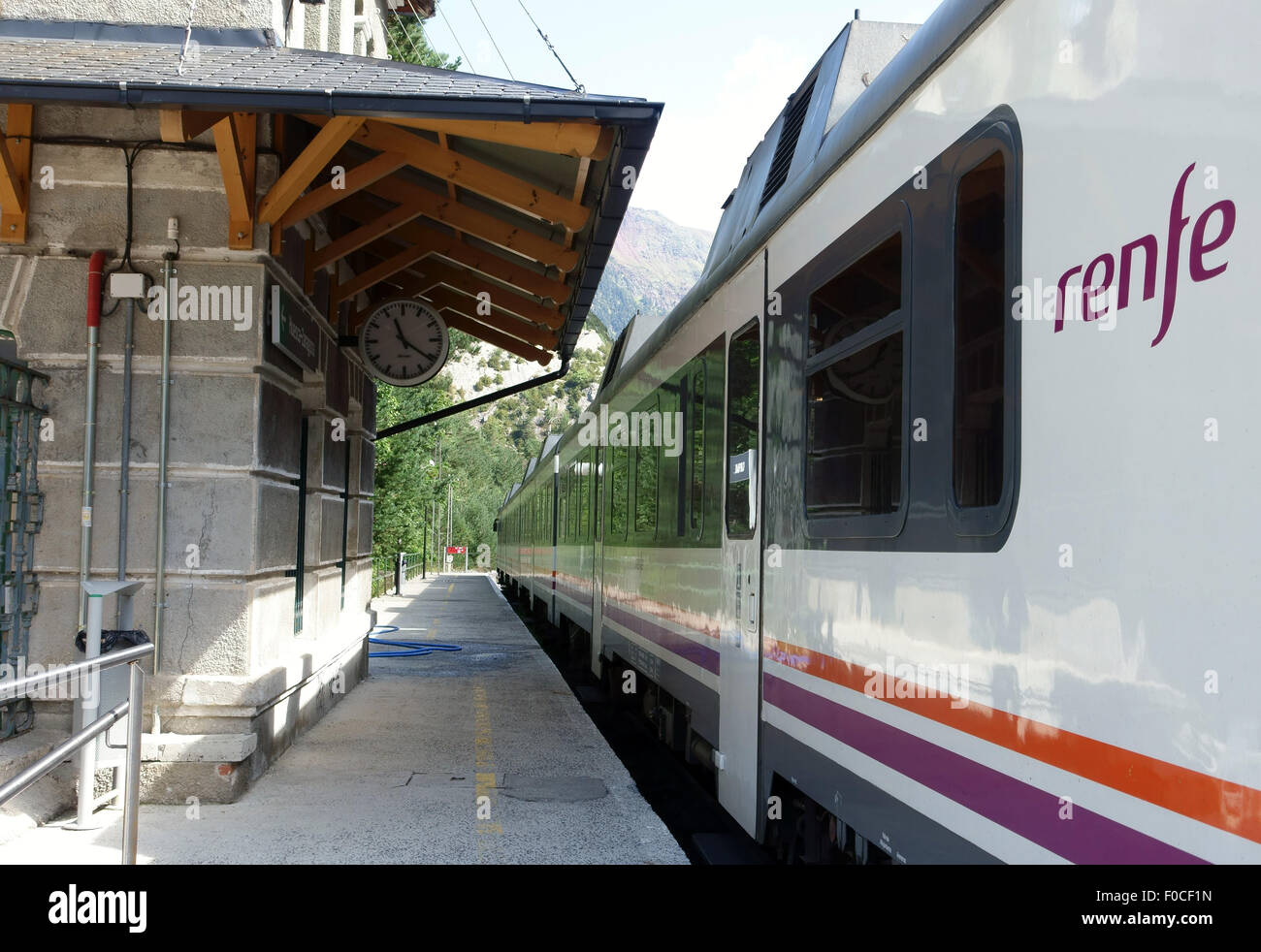 Spanish national railways (RENFE) train at Canfranc station in Spanish Pyrenees Stock Photo
