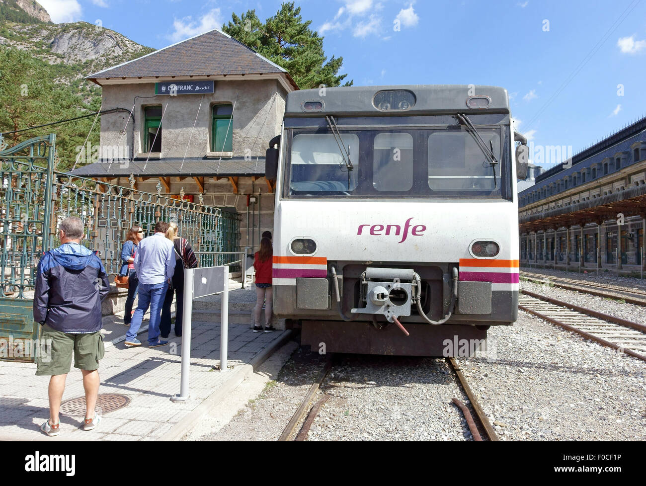 Spanish national railways (RENFE) train at Canfranc station in Spanish Pyrenees Stock Photo